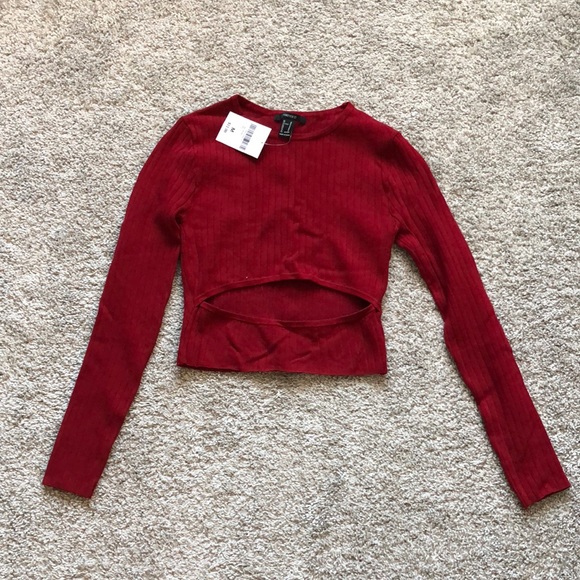NEW Forever 21 Red Ribbed Cutout Shirt - Picture 2 of 5